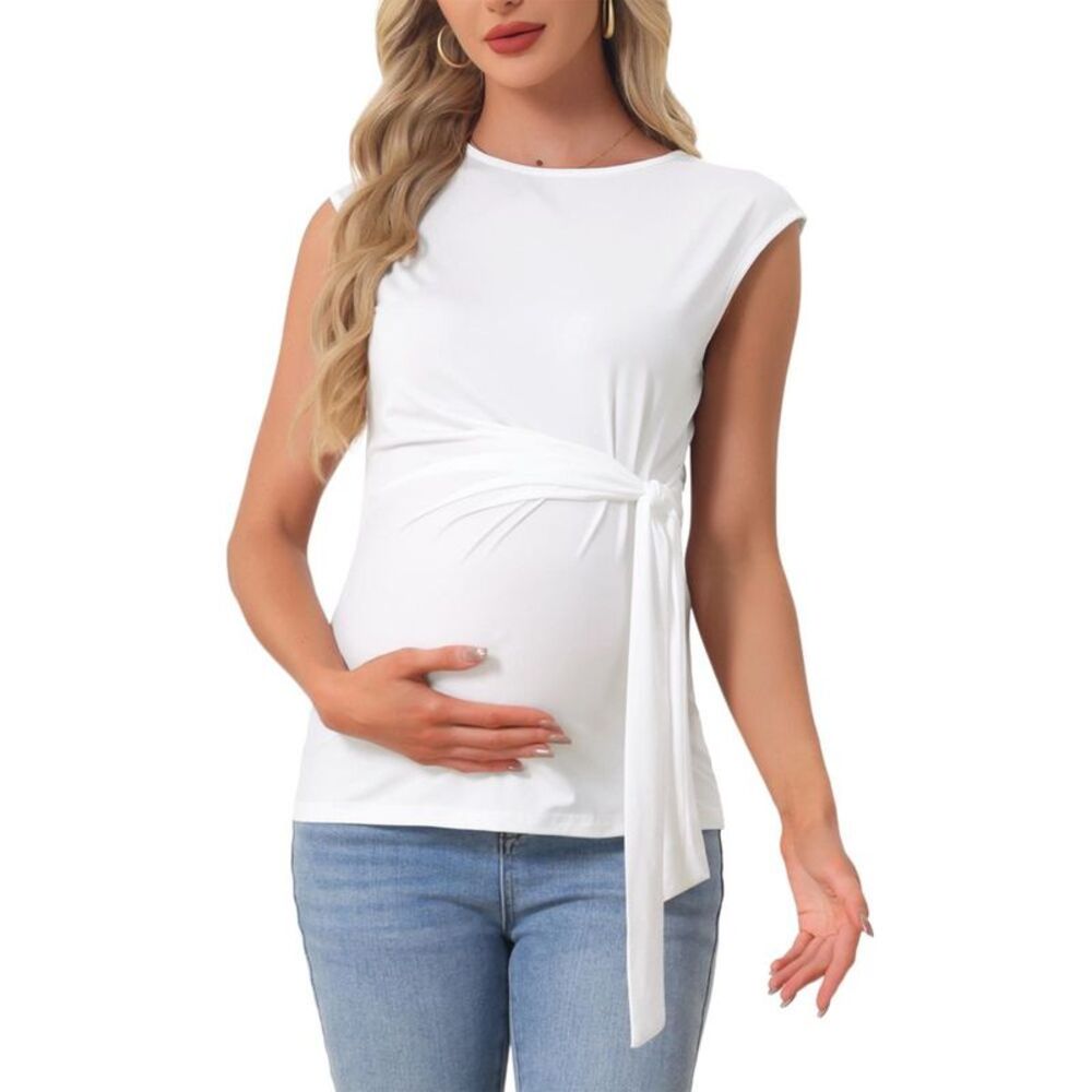 Women's Maternity Tie Front Belted Tunic Blouse - White Large